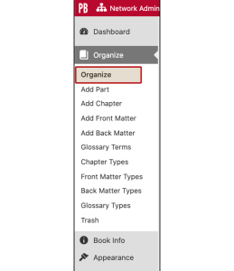 dashboard with "Organize" highlighted