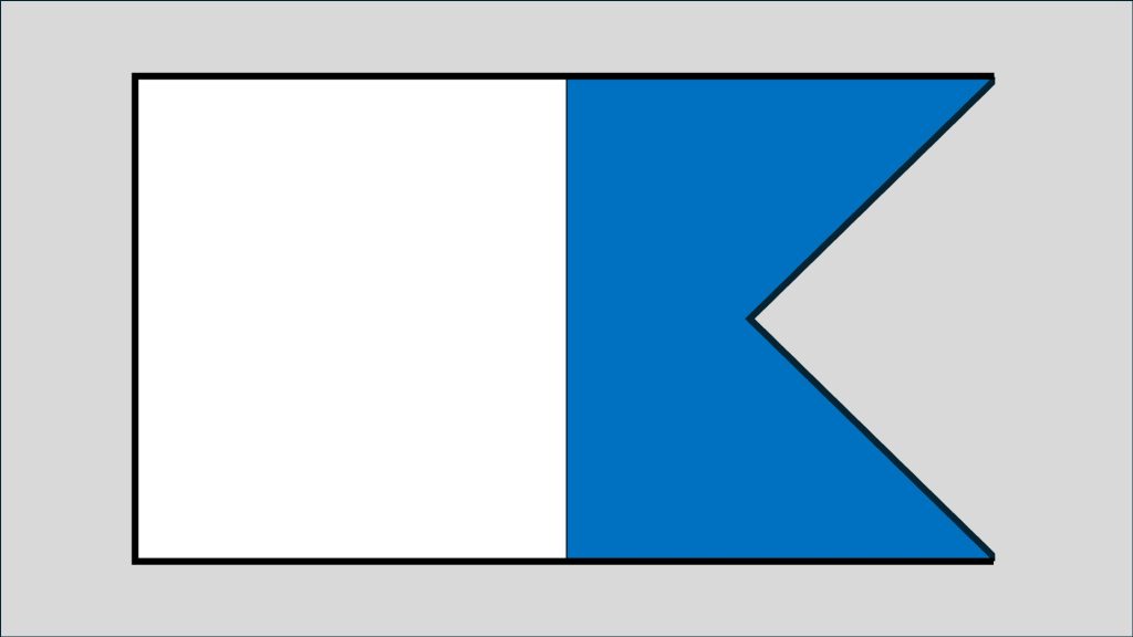 rectangular flag that is white on left side and blue with a notch in the right side