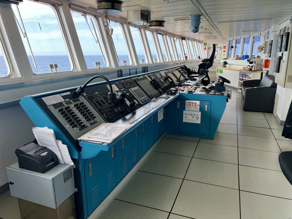 view along the bridge console of a ship