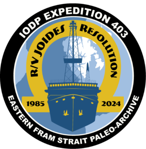 circle that states IODP Expedition 403 and Eastern Fram Strait Paleo Archive around the circle. Inside is a ship with R/V JOIDES Resolution and the dates 1985 to 2024