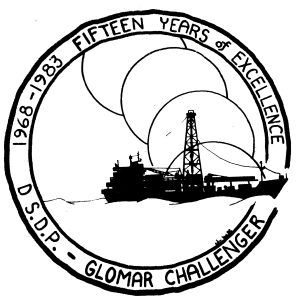 black and white round logo with a ship in the middle, surrounded by the words 1968-1983 fifteen years of excellence, DSDP Glomar Challenger