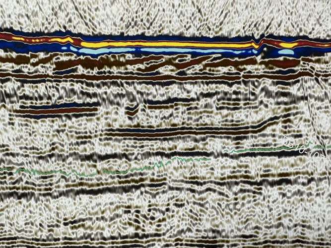 An image of different colored horizontal layers constructed from seismic data.