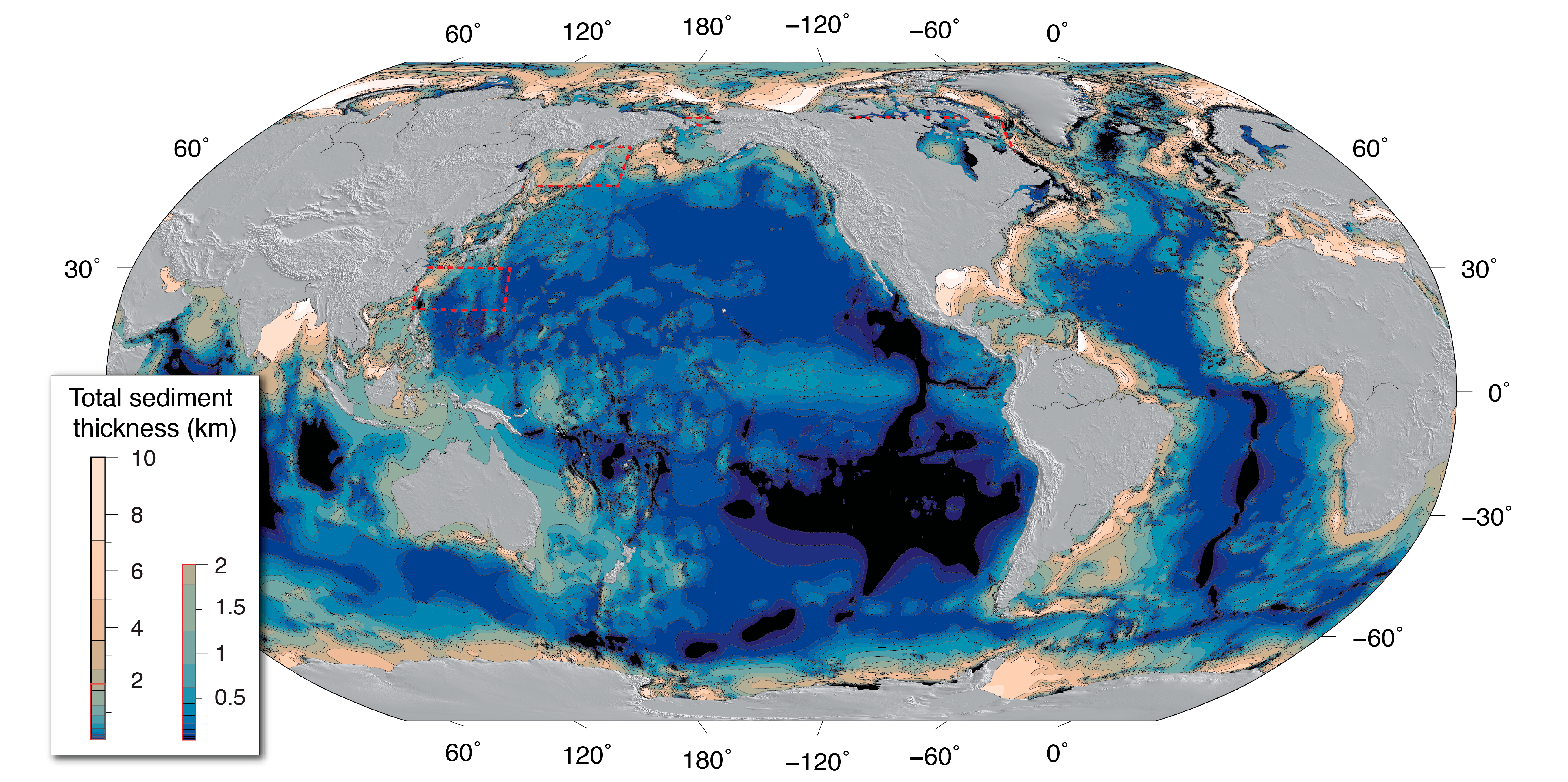 world map showing shades of brown and blue for sediment thickness