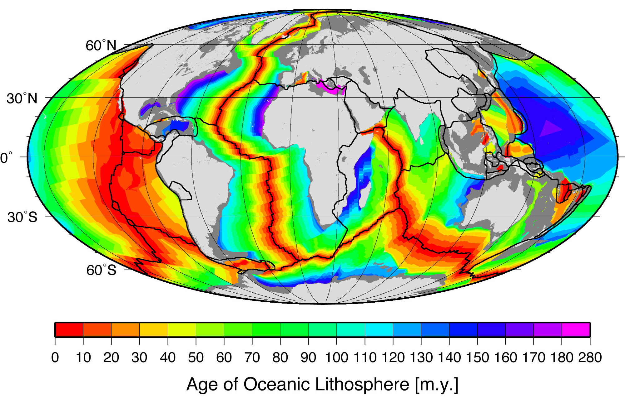 global map showing colors of youngest ocean crust (red) to oldest (blue)