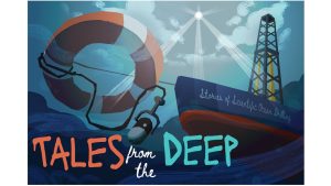 Ship on the water with a life ring attached that is holding a microphone pointed to the bottom of the ocean. Words read Tales from the Deep, and the phrase Stories of Scientific Ocean Drilling