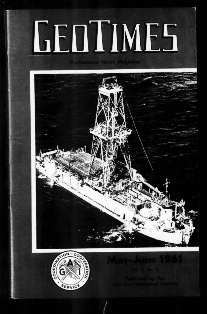 black and white magazine photo cover for GeoTimes magazine with a picture of a ship on the ocean