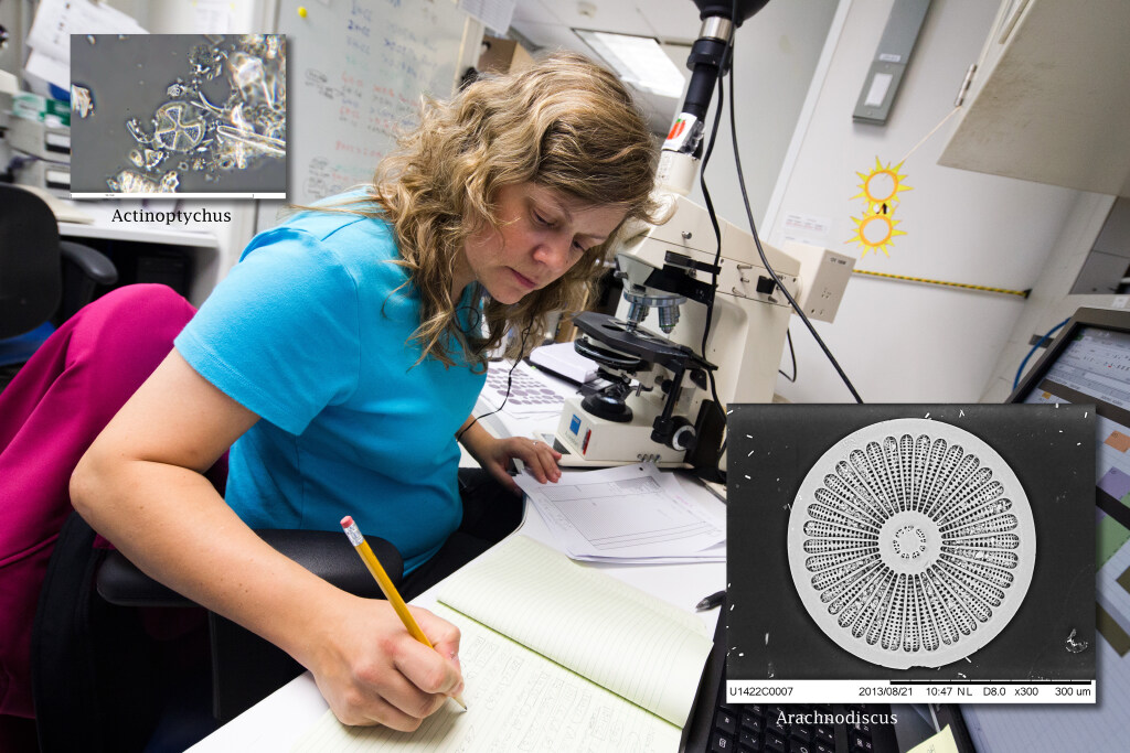 A woman with shoulder length light brown hair sits at a microscope and is writing in a notebook. Two images of disc-shaped diatom microfossils are also shown on this photo.