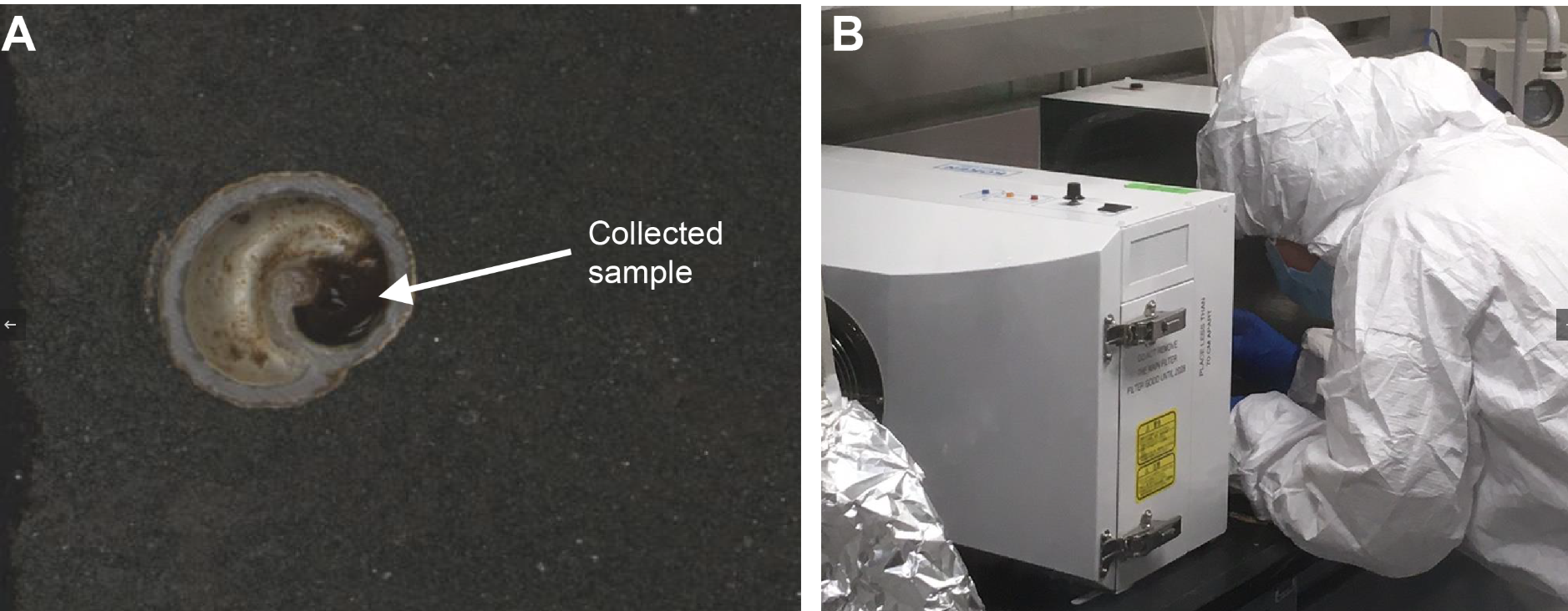 An image of a dark sediment background. Encased in the sediment is the cross section of a coiled snail-like shell. In one part of the coil, sits some dark material. A label points to this portion of the shell and says "Collected Sample." An adjacent image shows a person in white protective clothing with a blue mask and dark blue gloves. This person is leaning over a dark surface, presumably a lab bench. To the left of the person is a white metal storage box.