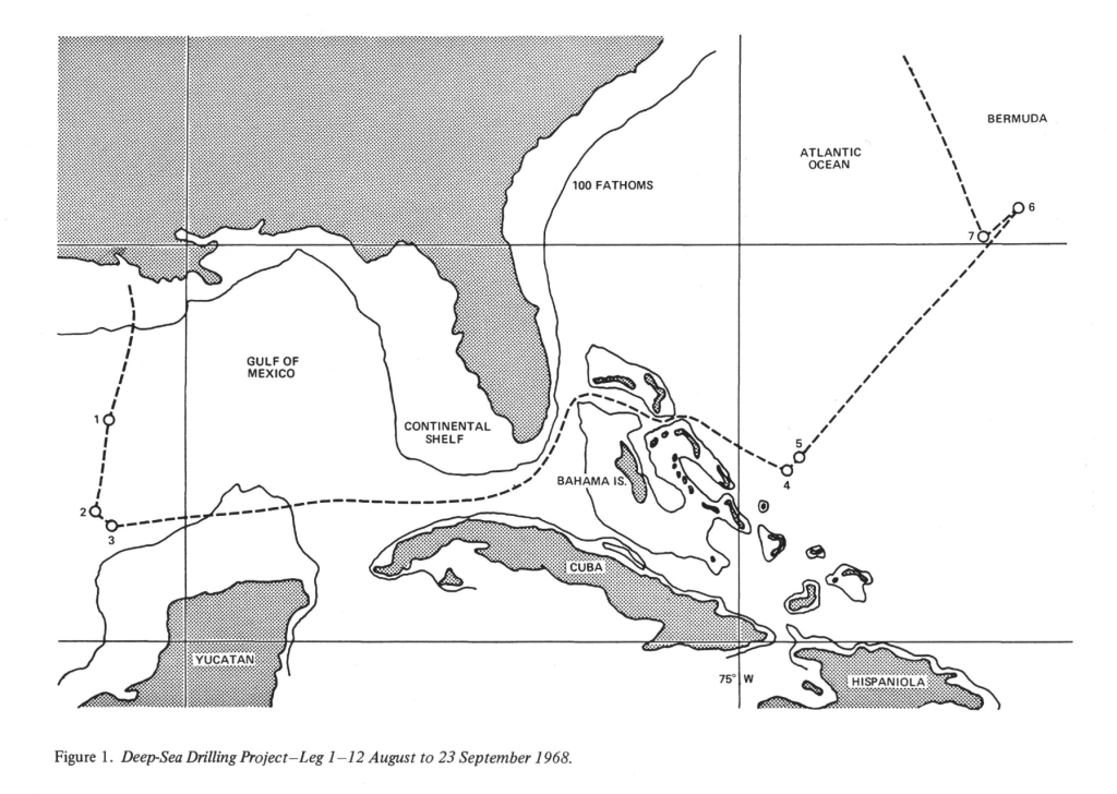 black and white map of the Gulf of Mexico, showing the location of drill sites