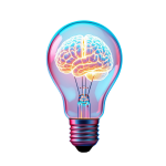 Lightbulb giving off a blue and purple hue with an image of a brain in the middle
