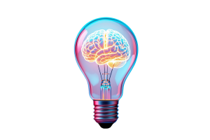 Lightbulb giving off a blue and purple hue with an image of a brain in the middle
