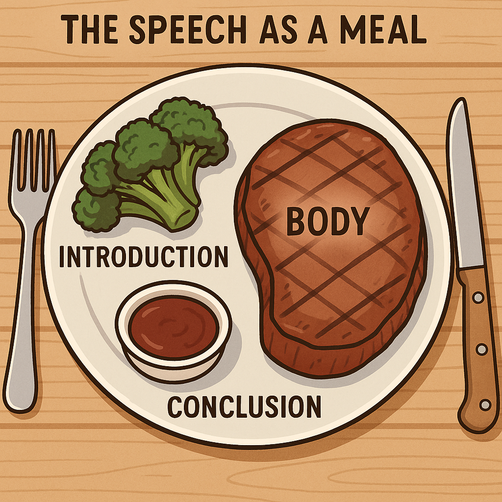 Plate with broccoli labeled introduction, steak labeled body, and sauce labeled conclusion.