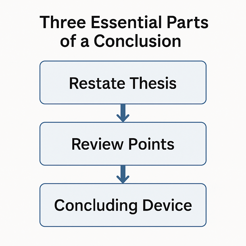 Flowchart showing three essential parts of a conclusion: restate thesis, review points, and concluding device.