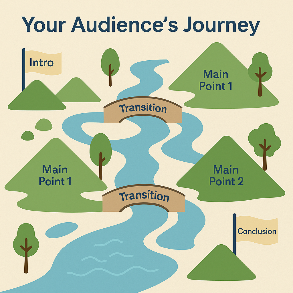 A river journey metaphor shows a speech's flow from intro to conclusion, passing main points and transitions.