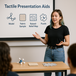Young woman presents tactile aids: model, fabric, relief map, and puzzle to students.