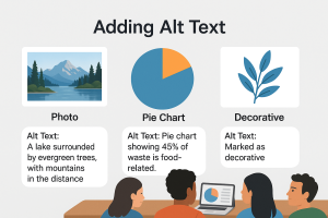 Illustration explaining how to write alt text for photos, charts, and decorative images.