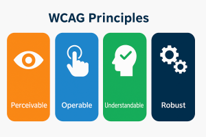 A four-panel infographic titled “WCAG Principles,” showing icons and labels for Perceivable, Operable, Understandable, and Robust.
