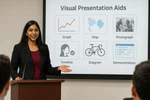 A woman at a podium presenting a slide on “Visual Presentation Aids” showing icons for a graph, map, photo, timeline, diagram, and computer-based demo.