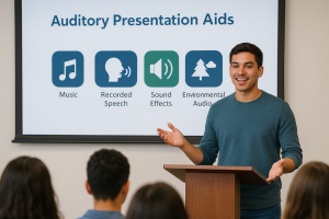 Young man giving a presentation on auditory presentation aids to a seated audience.