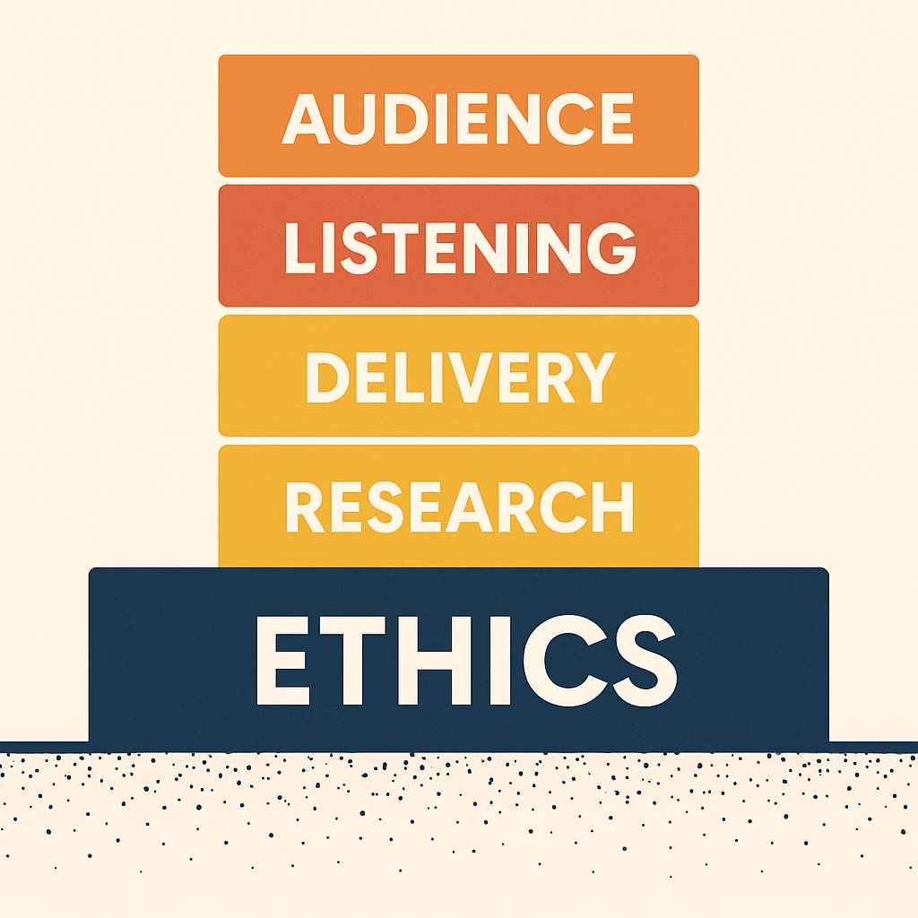 A visual metaphor of stacked building blocks to show the foundational role of ethics in communication.