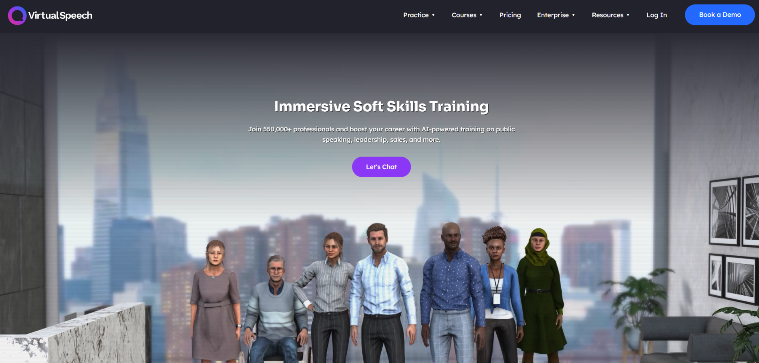 VirtualSpeech homepage showing diverse virtual characters offering immersive AI-powered soft skills training.