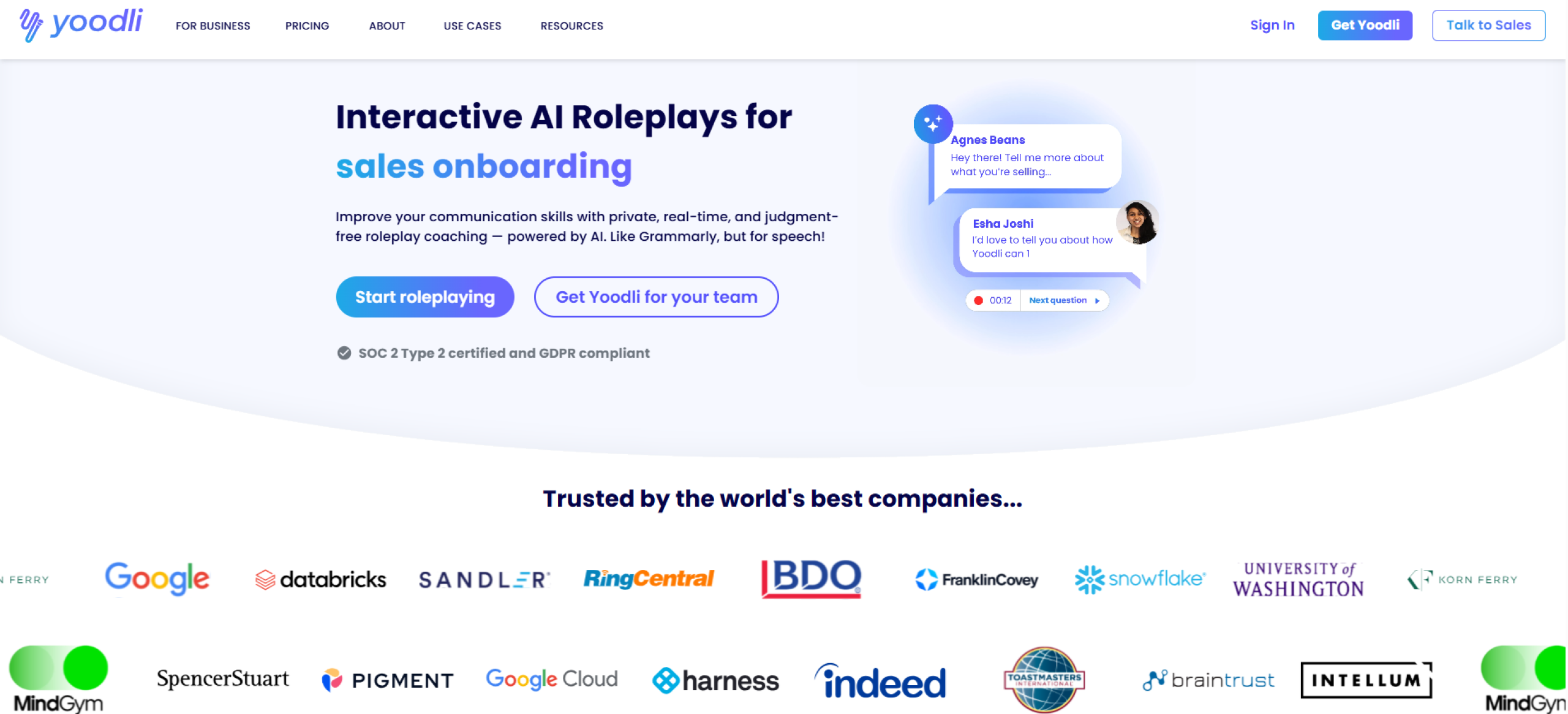 Yoodli homepage promoting AI roleplays for sales onboarding with logos of partner companies.