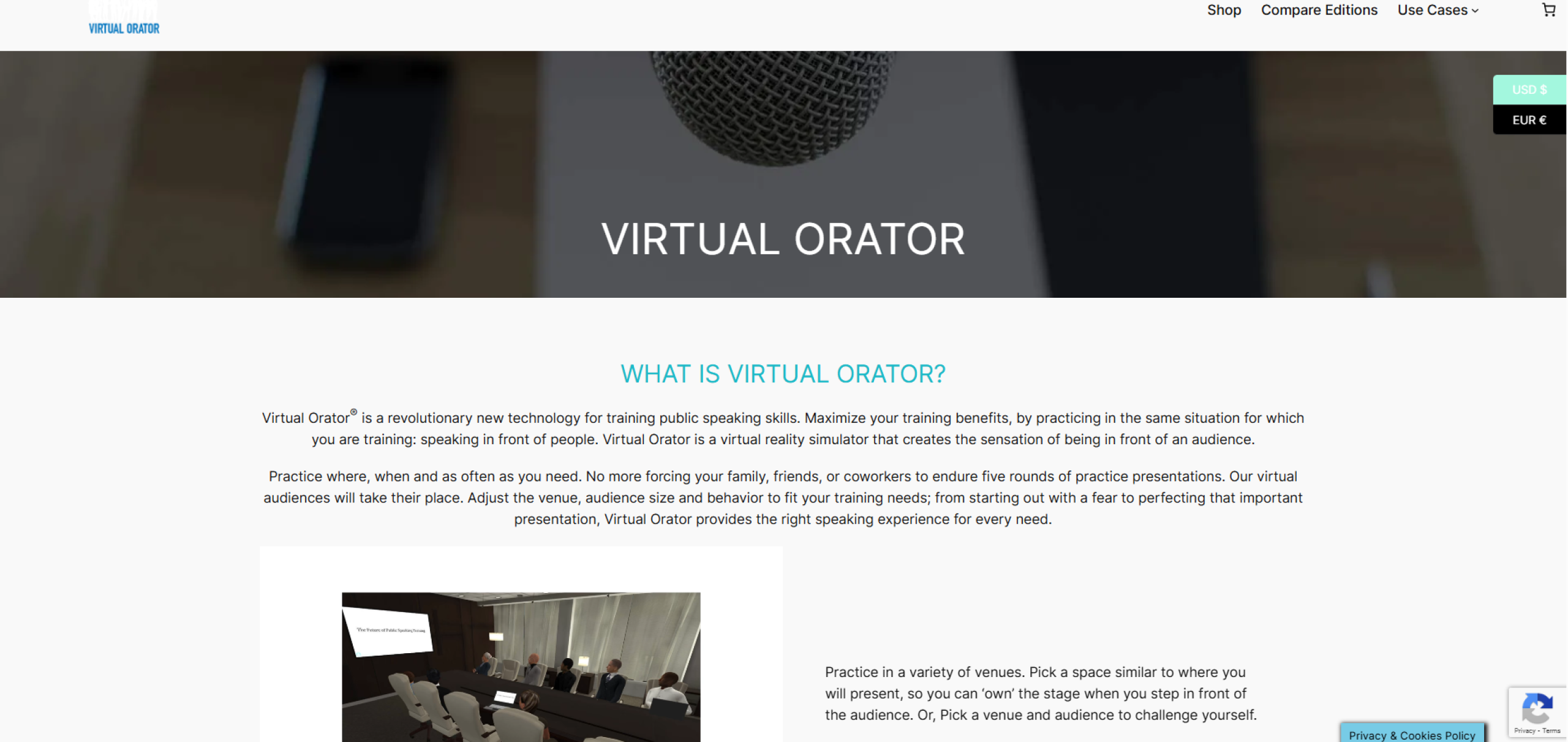 Webpage for Virtual Orator, a VR tool for public speaking practice with simulated audiences.