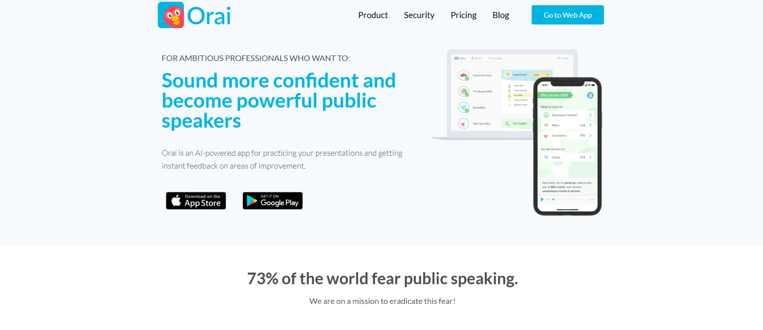 Orai app webpage promoting AI-driven public speaking confidence with app store download buttons.