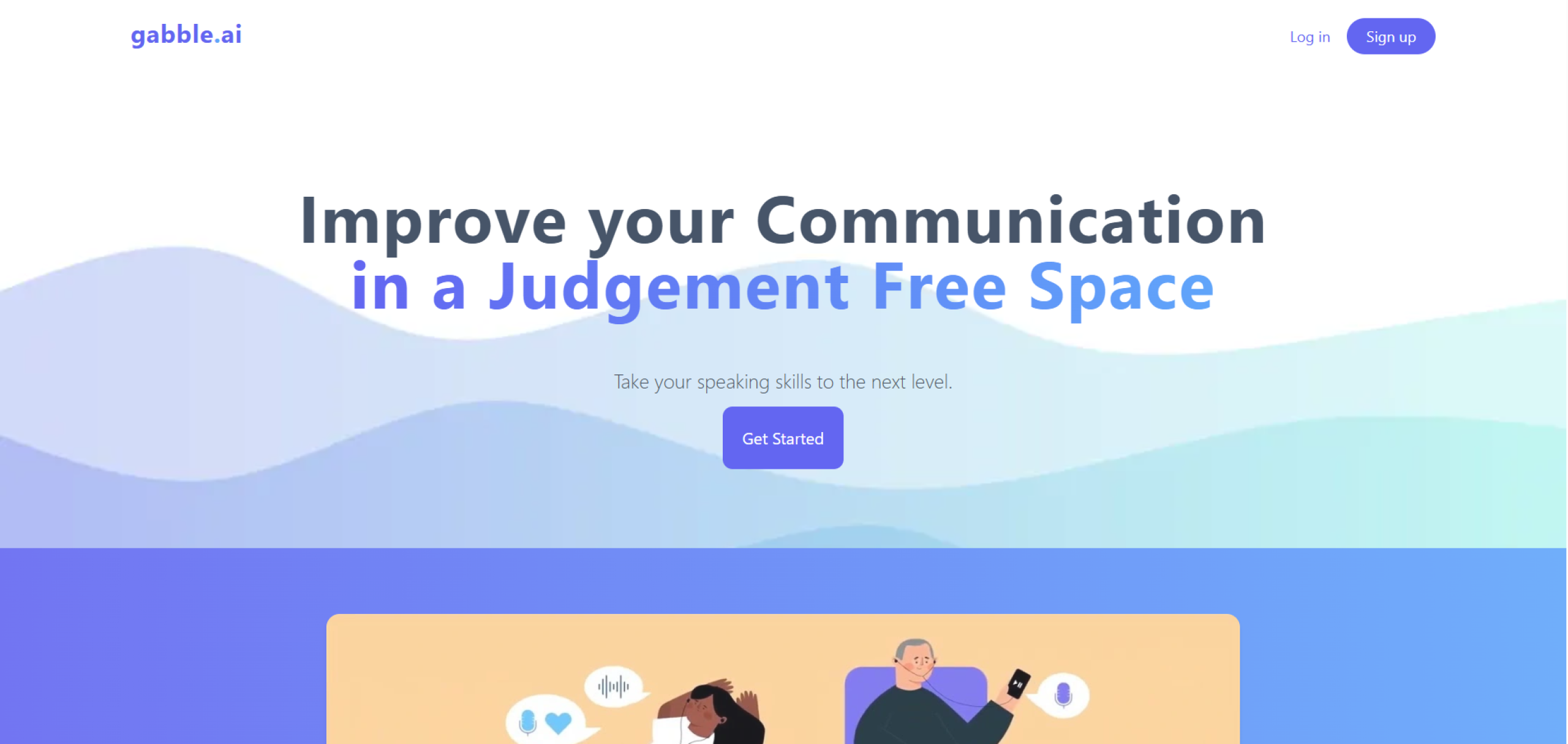 Gabble.ai homepage promoting communication skill-building in a judgment-free environment.