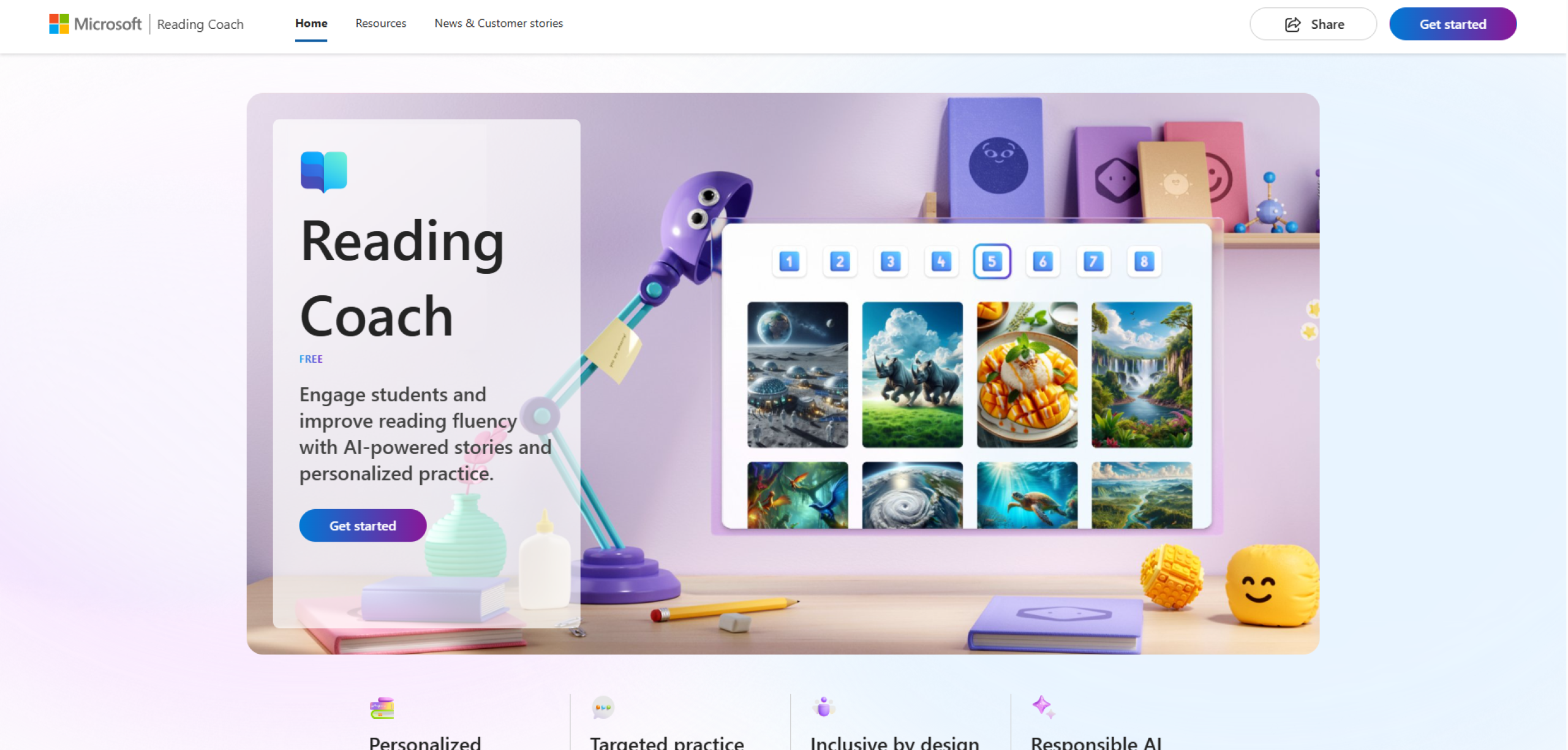 Microsoft Reading Coach homepage featuring AI-powered reading tools with personalized practice.