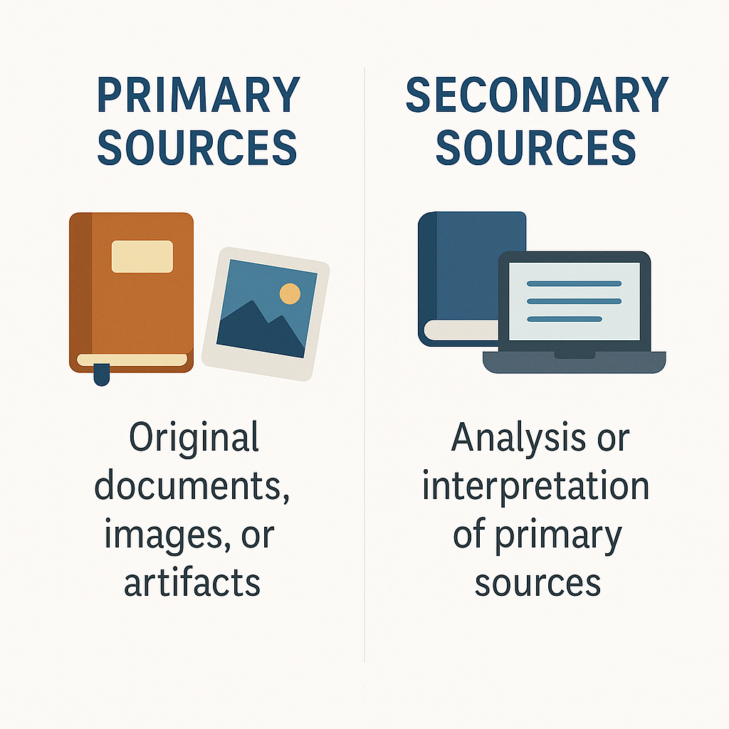 Comparison of primary and secondary sources with icons representing each. Tiffany Petricini. All Rights Reserved.