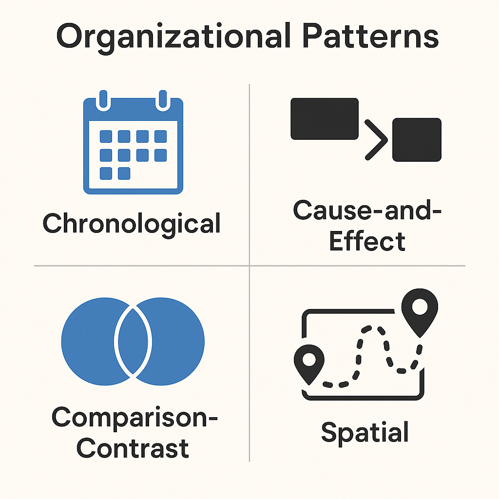 Four organizational patterns for speeches: Chronological, Cause-and-Effect, Comparison-Contrast, and Spatial, each with an icon.