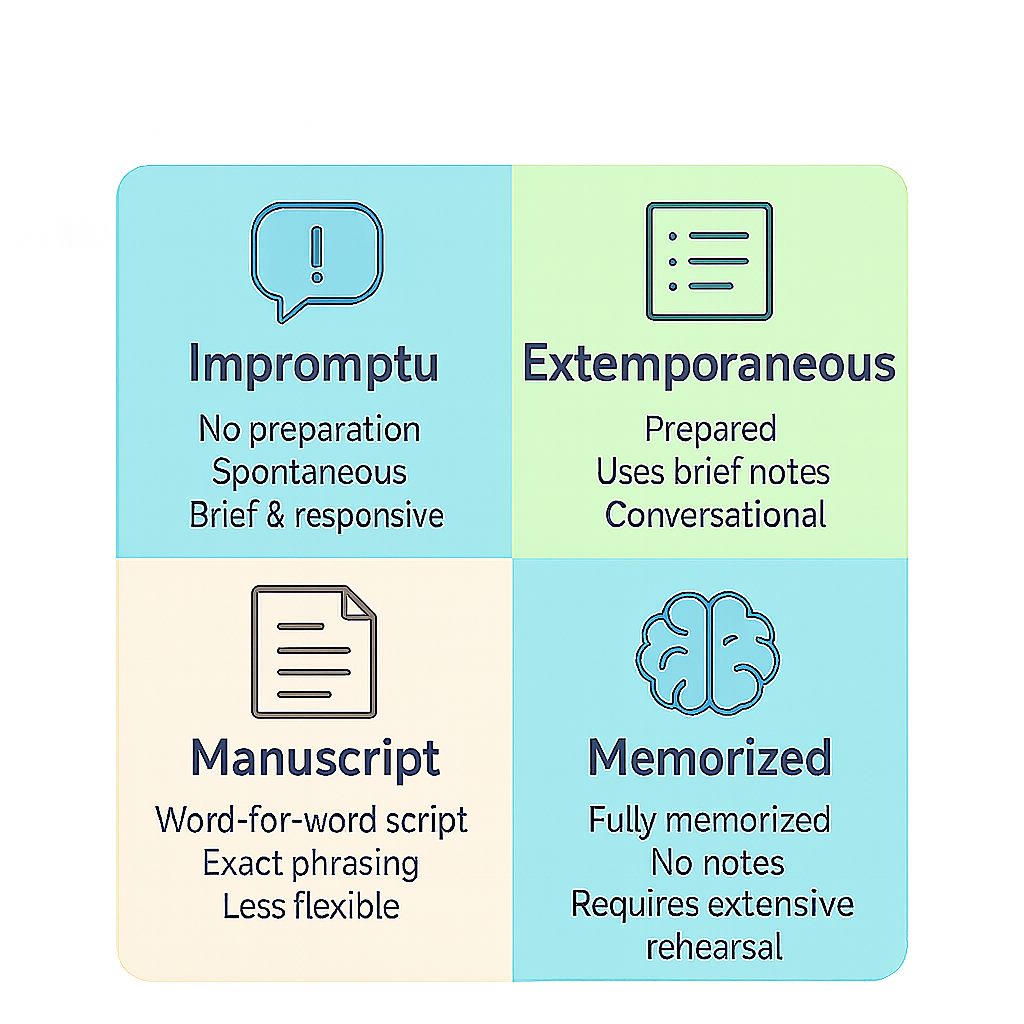 Four types of speech delivery styles: impromptu, extemporaneous, manuscript, and memorized, each with icons and brief descriptions.
